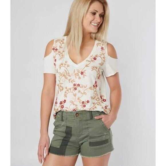 Lucky Brand S Floral Embroidered Tee Shirt Top Cut Off Open Sleeves Boho Hippie - Picture 3 of 10